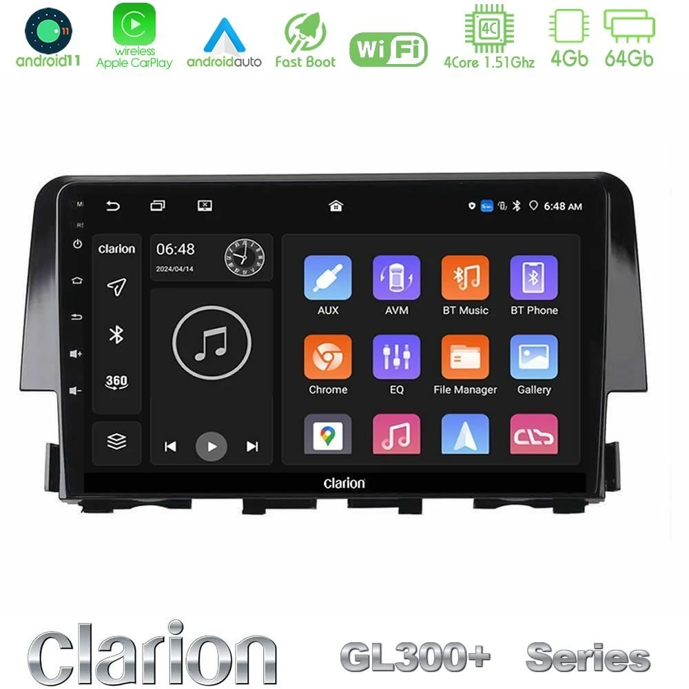 Clarion GL300+ Series 4Core Android11 4+64GB Honda Civic 2016-2020 Navigation Multimedia Tablet 9"