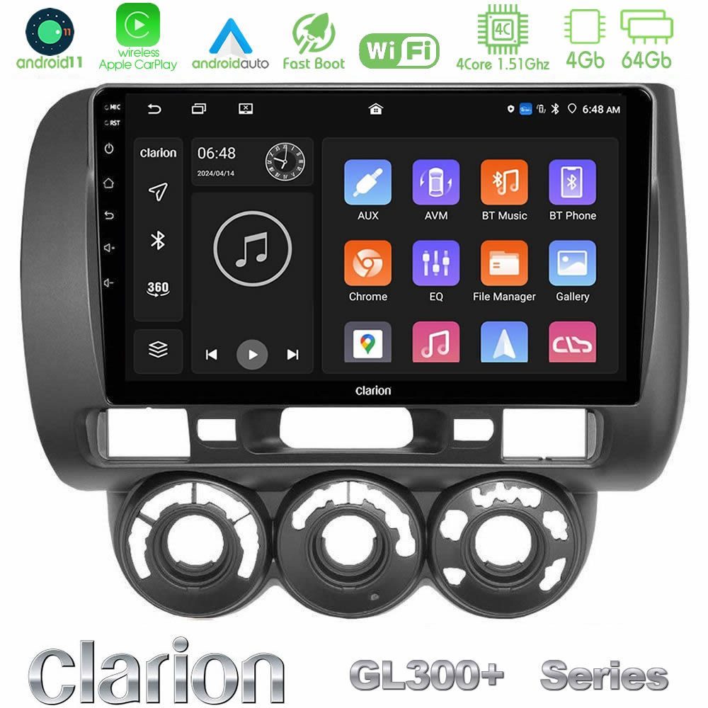 Clarion GL300+ Series 4Core Android11 4+64GB Honda Jazz 2002-2008 (Manual A/C) Navigation Multimedia Tablet 9"