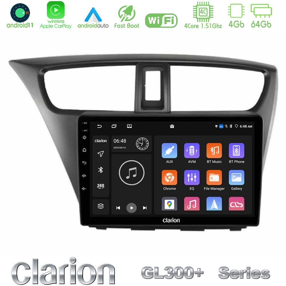 Clarion GL300+ Series 4Core Android11 4+64GB Honda Civic Hatchback 2012-2015 Navigation Multimedia Tablet 9"