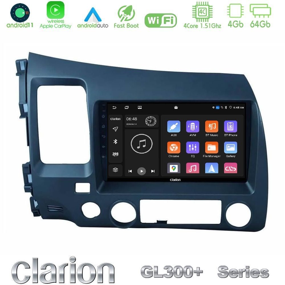 Clarion GL300+ Series 4Core Android11 4+64GB Honda Civic 2006-2011 Navigation Multimedia Tablet 9"