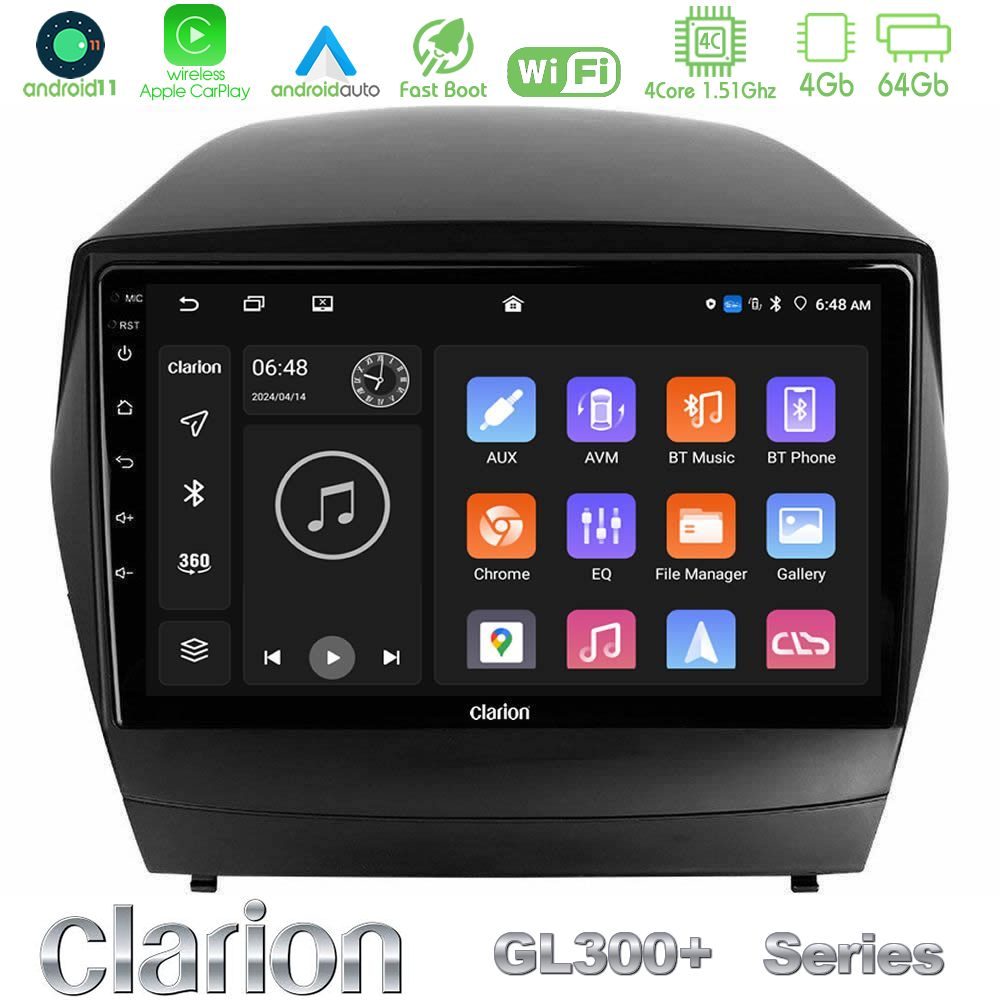 Clarion GL300+ Series 4Core Android11 4+64GB Hyundai IX35 Auto A/C Navigation Multimedia Tablet 9"