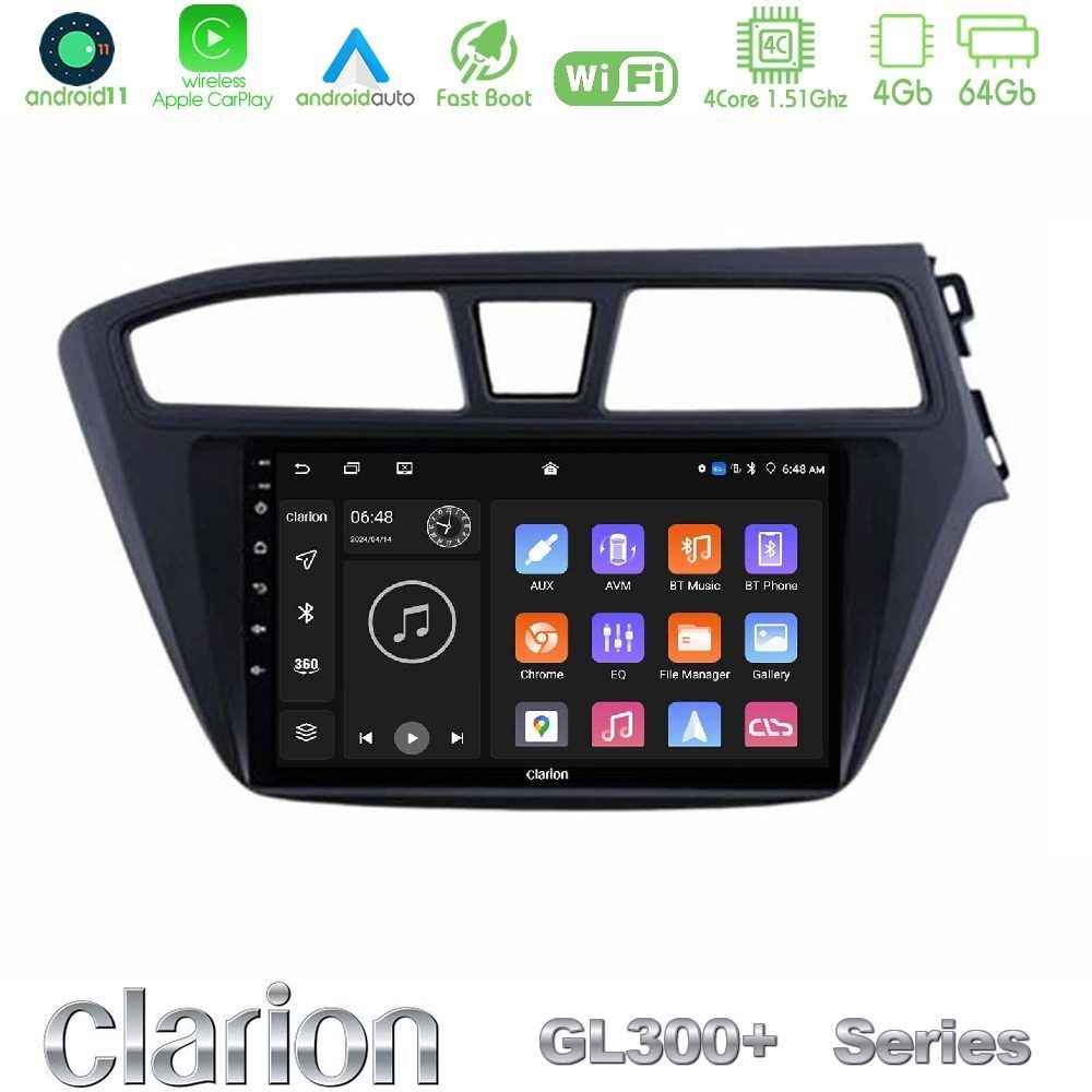 Clarion GL300+ Series 4Core Android11 4+64GB Hyundai i20 2014-2018 RHD Navigation Multimedia Tablet 9"