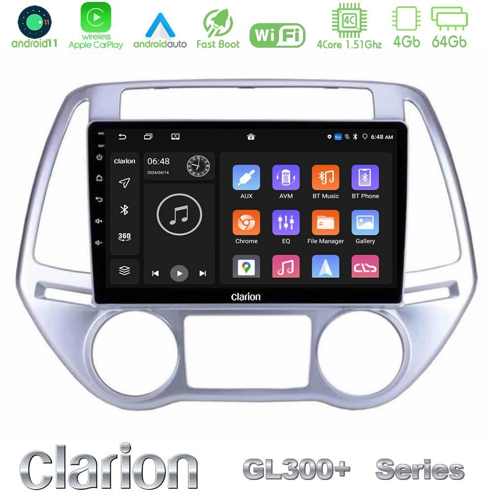 Clarion GL300+ Series 4Core Android11 4+64GB  Hyundai i20 2012-2014 Navigation Multimedia Tablet 9"