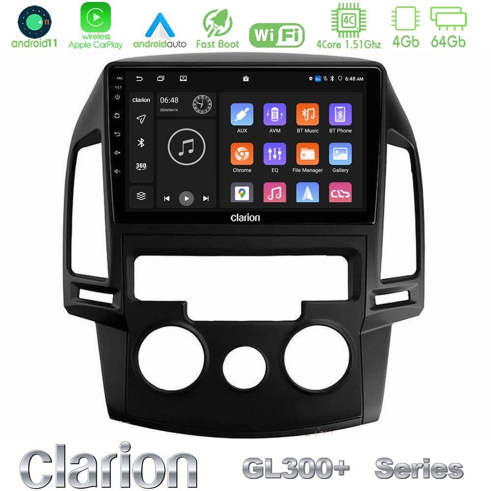 Clarion GL300+ Series 4Core Android11 4+64GB  Hyundai i30 2007-2012 Manual A/C Navigation Multimedia Tablet 9"