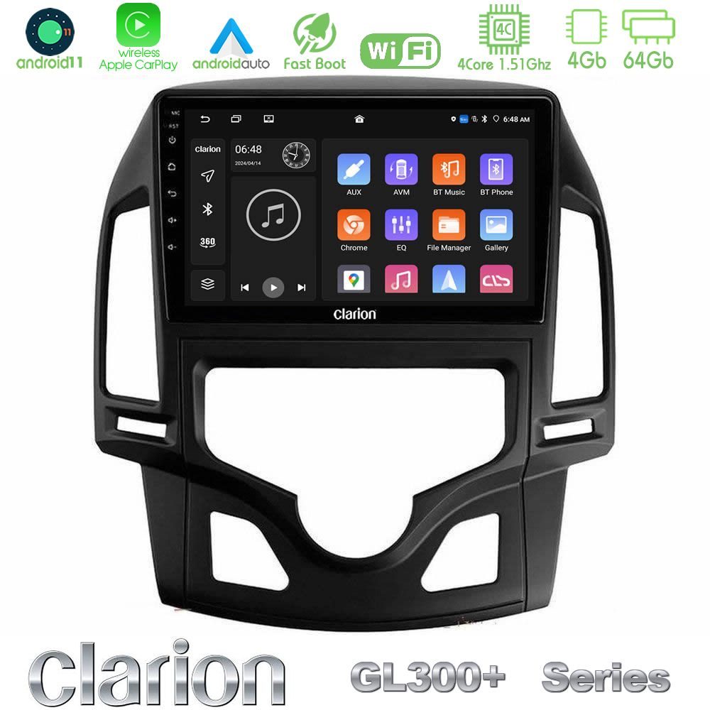 Clarion GL300+ Series 4Core Android11 4+64GB  Hyundai i30 2007-2012 Auto A/C Navigation Multimedia Tablet 9"