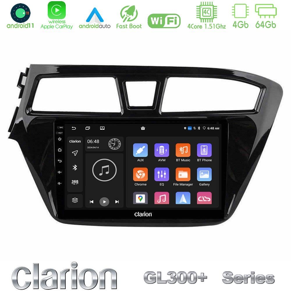 Clarion GL300+ Series 4Core Android11 4+64GB  Hyundai i20 2014-2018 Navigation Multimedia Tablet 9"