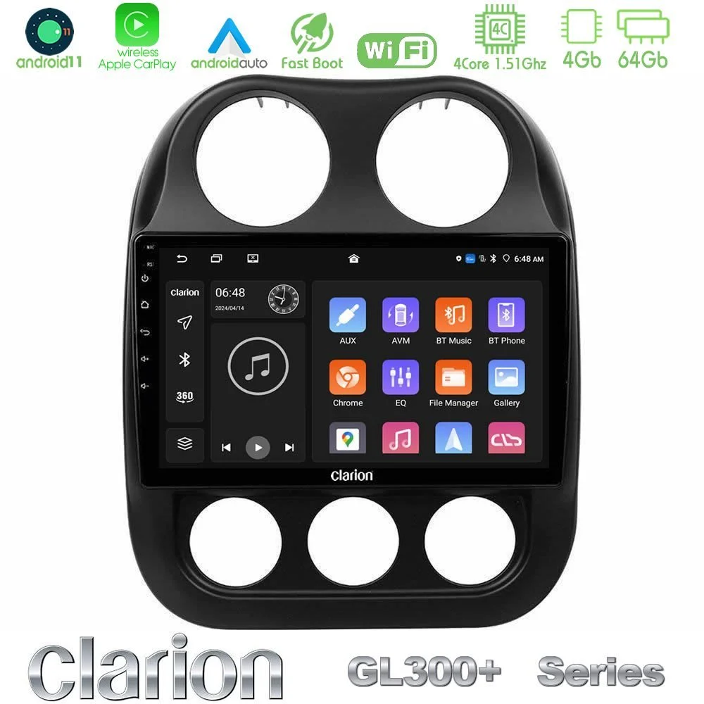 Clarion GL300+ Series 4Core Android11 4+64GB  Jeep Compass 2012-2016 Navigation Multimedia Tablet 9"