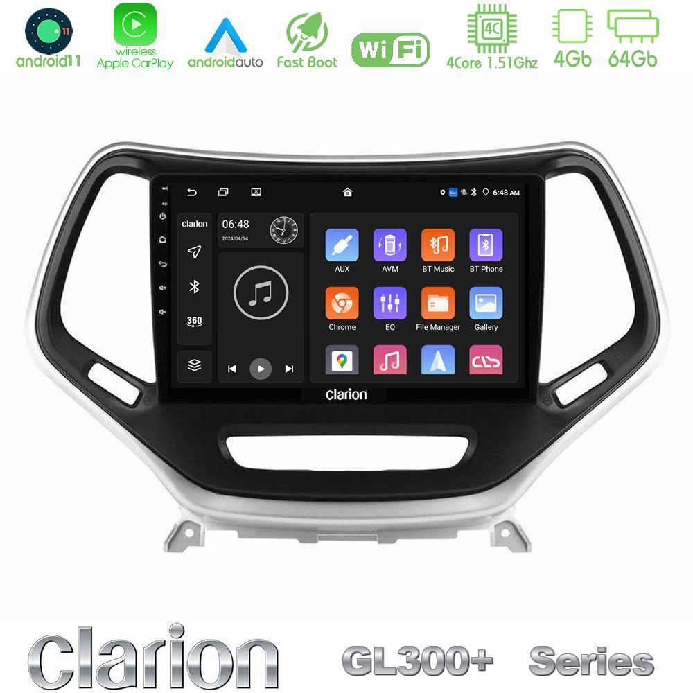Clarion GL300+ Series 4Core Android11 4+64GB Jeep Cherokee 2014-2019 Navigation Multimedia Tablet 9" (Ασημί Χρώμα)
