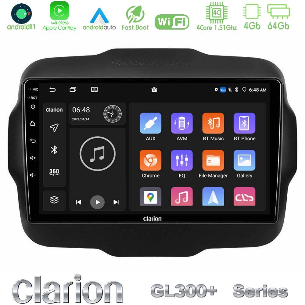 Clarion GL300+ Series 4Core Android11 4+64GB Jeep Renegade 2015-2019 Navigation Multimedia Tablet 9"