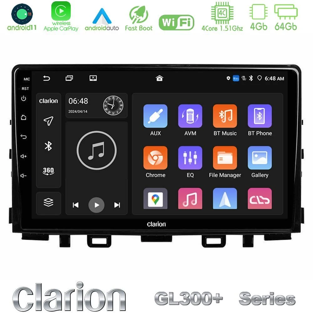 Clarion GL300+ Series 4Core Android11 4+64GB Kia Stonic Navigation Multimedia Tablet 9"