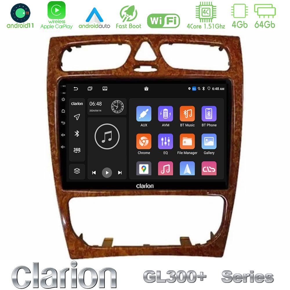 Clarion GL300+ Series 4Core Android11 4+64GB Mercedes C Class (W203) Navigation Multimedia Tablet 9" (Wooden Style)