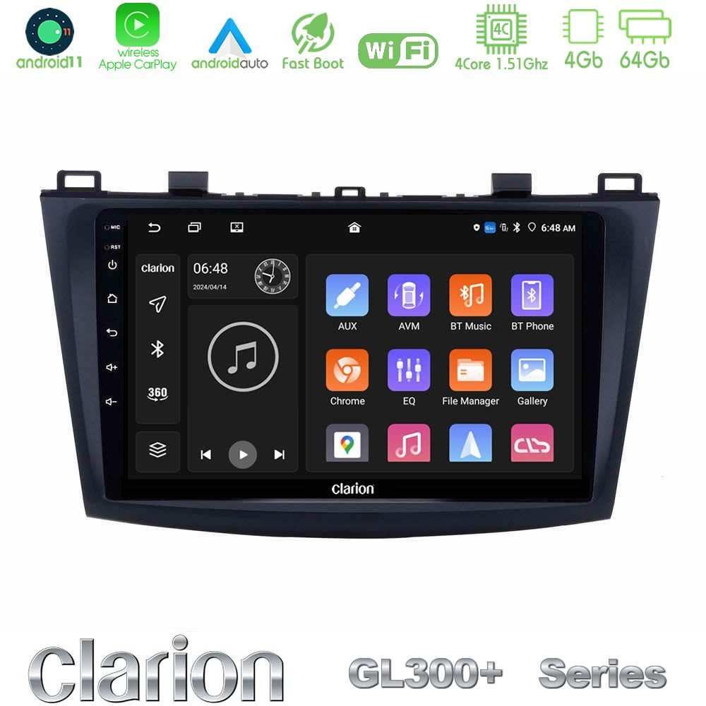 Clarion GL300+ Series 4Core Android11 4+64GB Mazda 3 2009-2014 Navigation Multimedia Tablet 9"