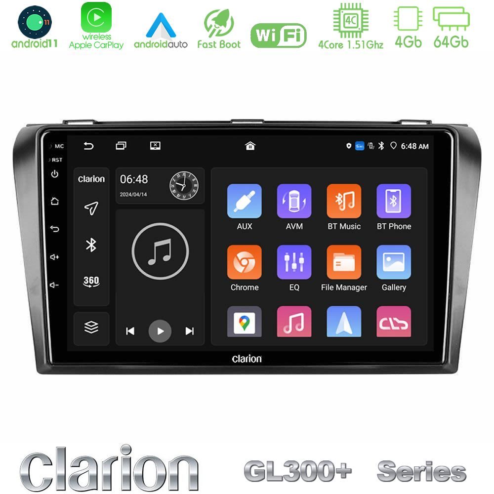 Clarion GL300+ Series 4Core Android11 4+64GB Mazda 3 2004-2009 Navigation Multimedia Tablet 9"