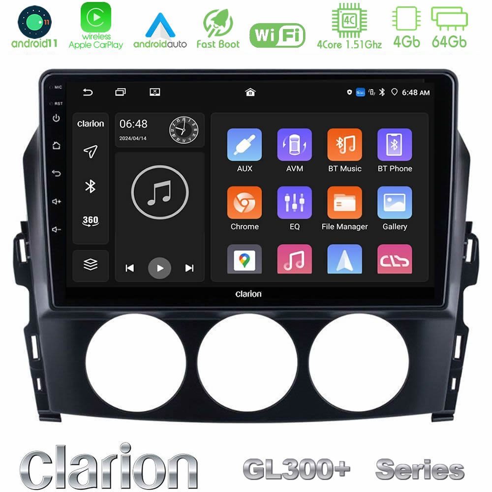 Clarion GL300+ Series 4Core Android11 4+64GB Mazda MX-5 2006-2008 Navigation Multimedia Tablet 9"
