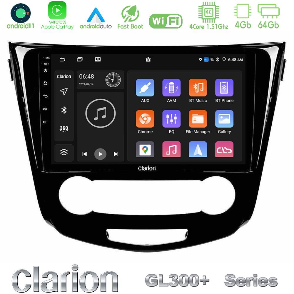 Clarion GL300+ Series 4Core Android11 4+64GB Nissan Qashqai J11 (Manual A/C) Navigation Multimedia Tablet 10"