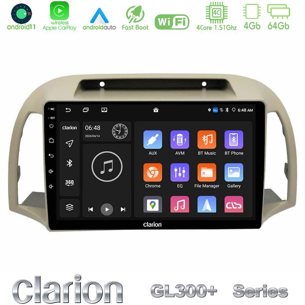 Clarion GL300+ Series 4Core Android11 4+64GB Nissan Micra K12 2002-2010 Navigation Multimedia Tablet 9"