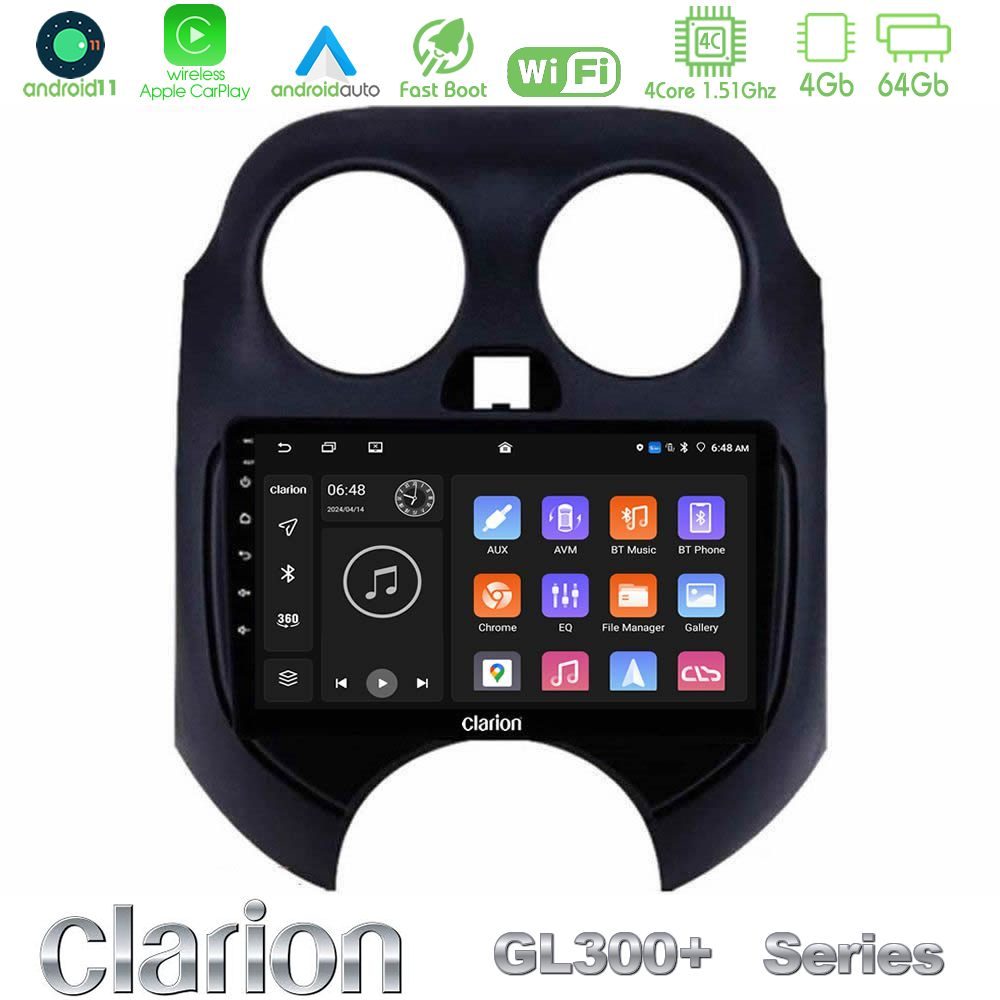 Clarion GL300+ Series 4Core Android11 4+64GB Nissan Micra 2011-2014 Navigation Multimedia Tablet 9"