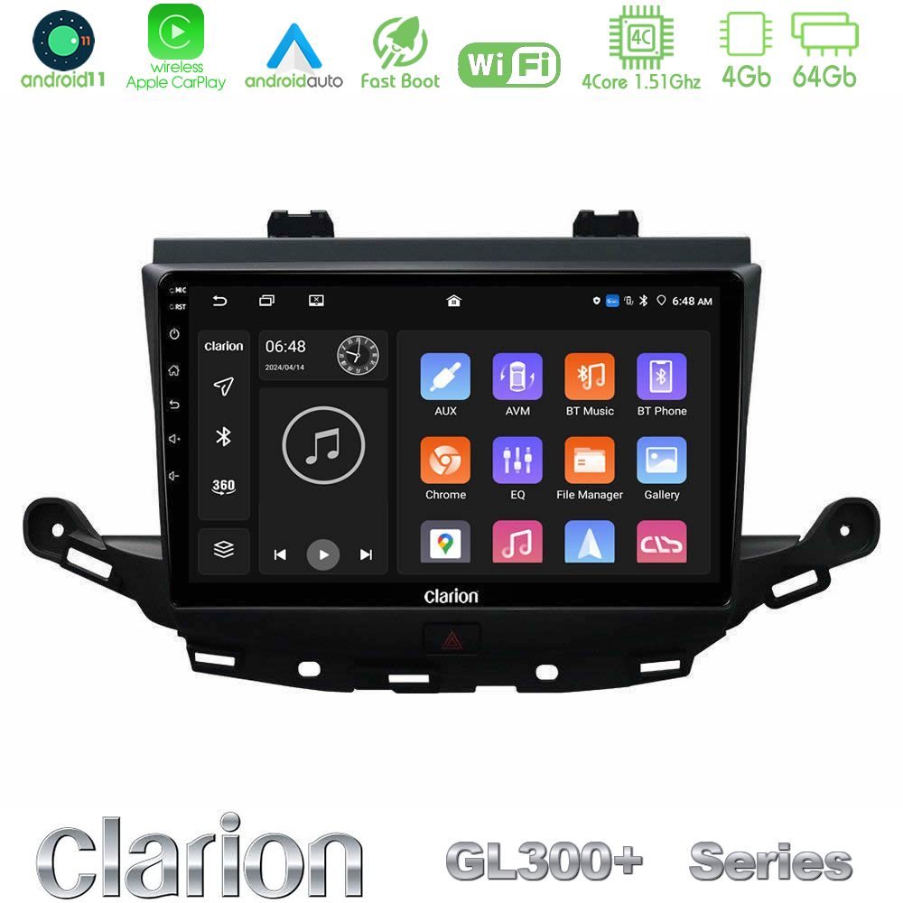 Clarion GL300+ Series 4Core Android11 4+64GB Opel Astra K 2015-2019 Navigation Multimedia Tablet 9"