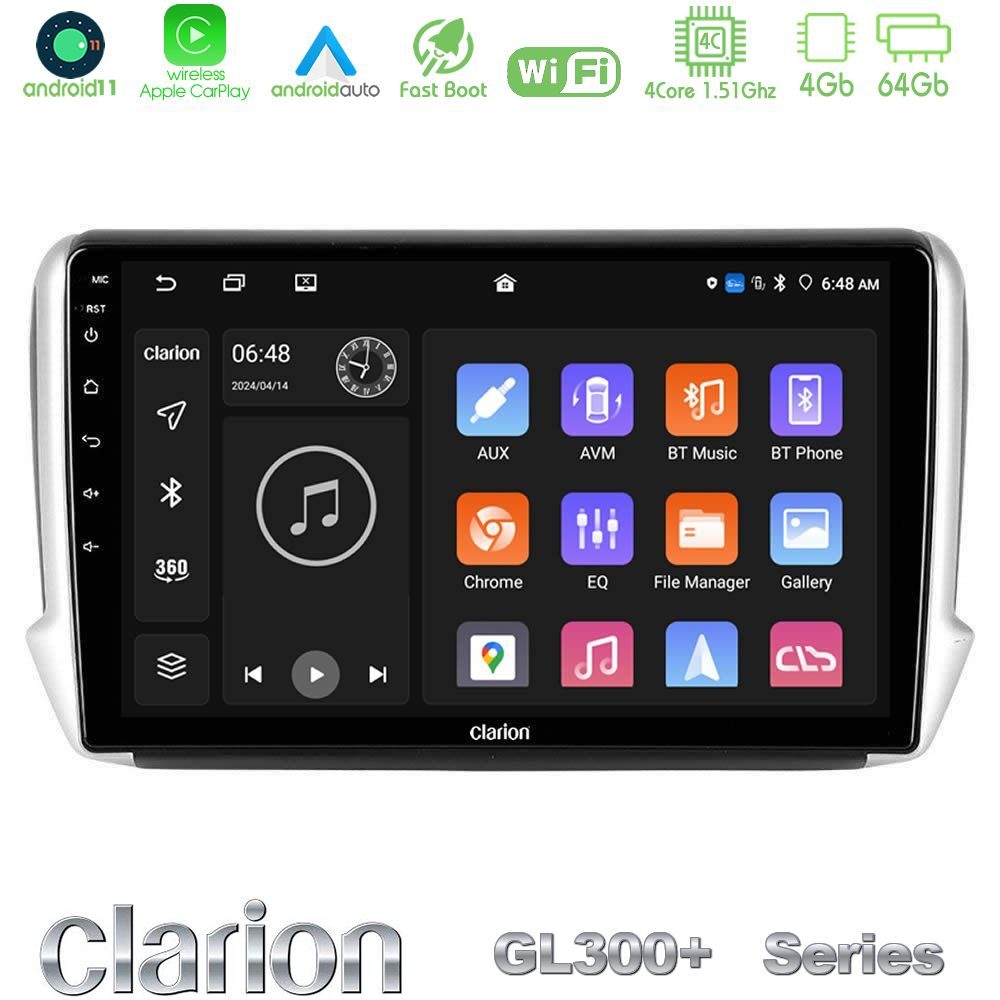 Clarion GL300+ Series 4Core Android11 4+64GB  Peugeot 208/2008 Navigation Multimedia Tablet 10"