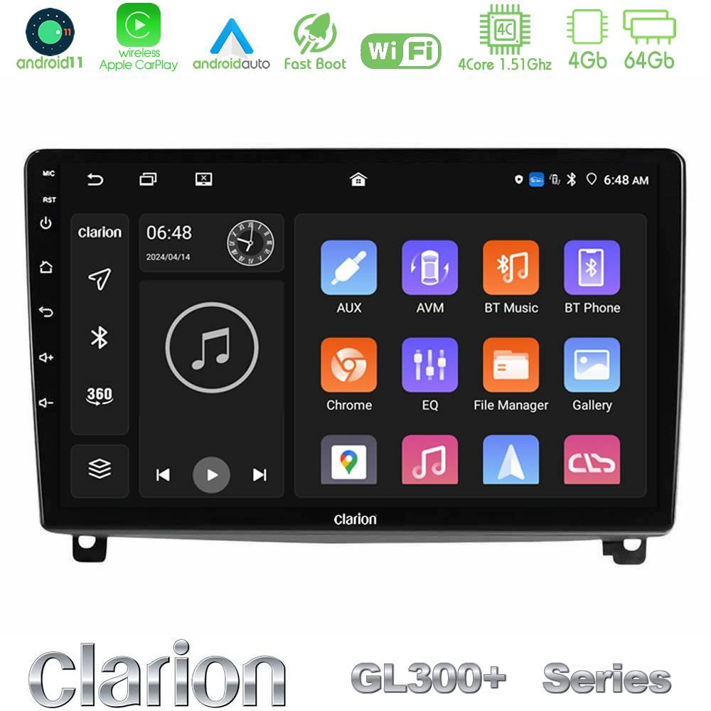 Clarion GL300+ Series 4Core Android11 4+64GB  Peugeot 407 Navigation Multimedia Tablet 9"