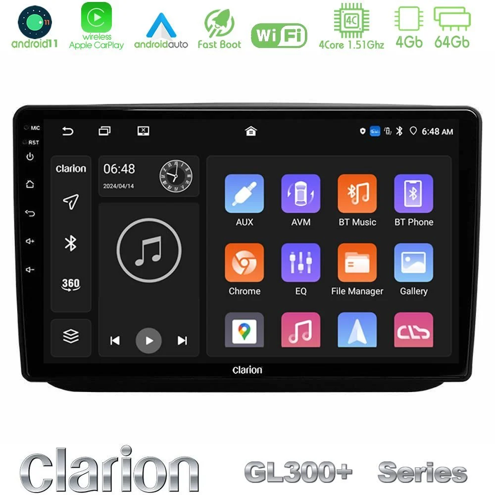 Clarion GL300+ Series 4Core Android11 4+64GB Skoda Fabia 2007-2014 Navigation Multimedia Tablet 10"