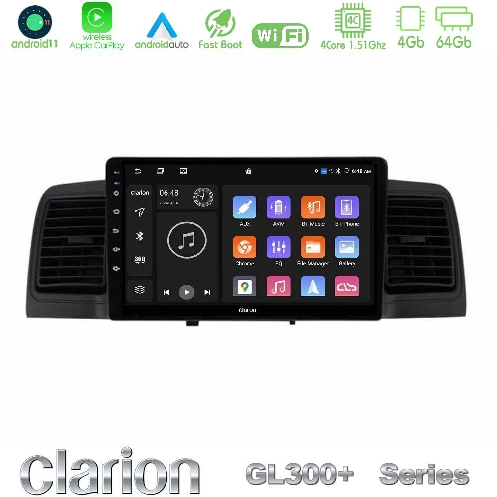 Clarion GL300+ Series 4Core Android11 4+64GB  Toyota Corolla 2002-2006 Navigation Multimedia Tablet 9"   (Black)
