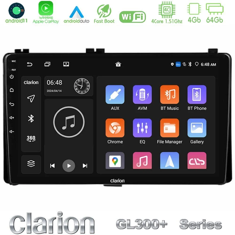 Clarion GL300+ Series 4Core Android11 4+64GB Toyota Corolla/Auris 2017-2019 Navigat-ion Multimedia Tablet 9"