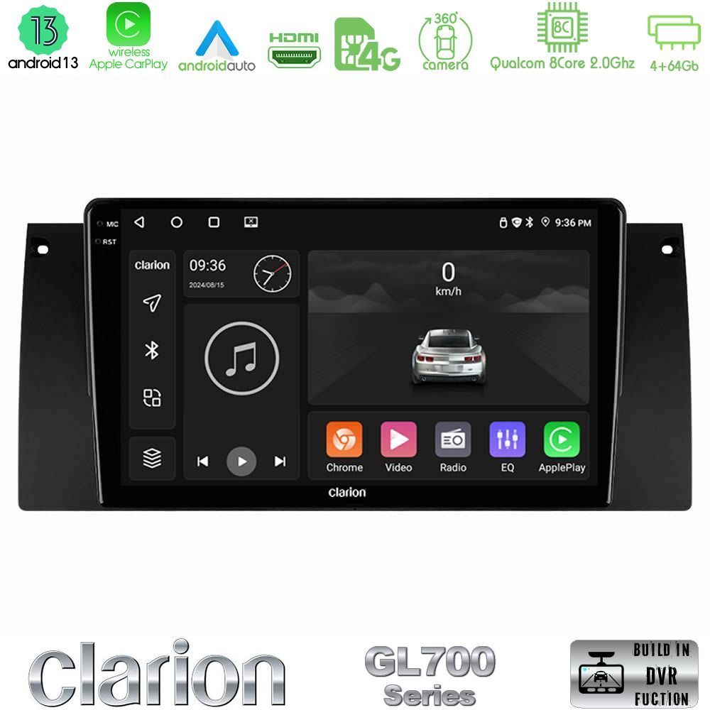 Clarion GL700 Series 8Core Android13 4+64GB BMW 5 Series (E39) / X5 (E53) Navigation Multimedia Tablet 9" Με Carplay & Android Auto