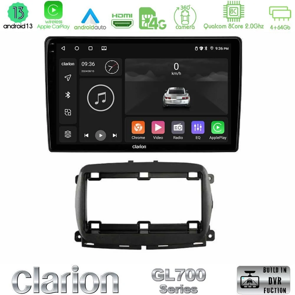 Clarion GL700 Series 8Core Android13 4+64GB Fiat 500 2016> Navigation Multimedia Tablet 9" Με Carplay & Android Auto