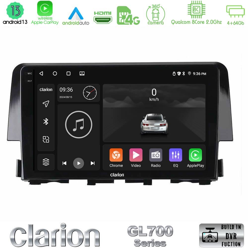 Clarion GL700 Series 8Core Android13 4+64GB Honda Civic 2016-2020 Navigation Multimedia Tablet 9" Με Carplay & Android Auto