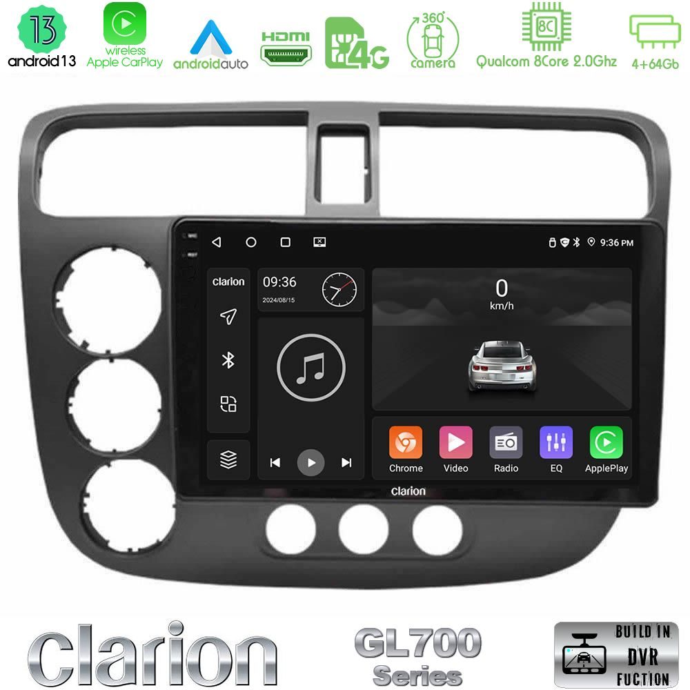 Clarion GL700 Series 8Core Android13 4+64GB Honda Civic 2001-2005 Navigation Multimedia Tablet 9" Με Carplay & Android Auto
