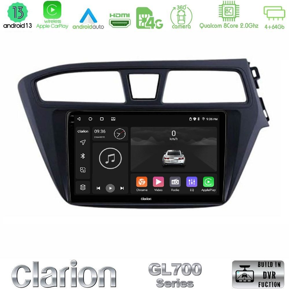 Clarion GL700 Series 8Core Android13 4+64GB Hyundai i20 2014-2018 RHD Navigation Multimedia Tablet 9" Με Carplay & Android Auto