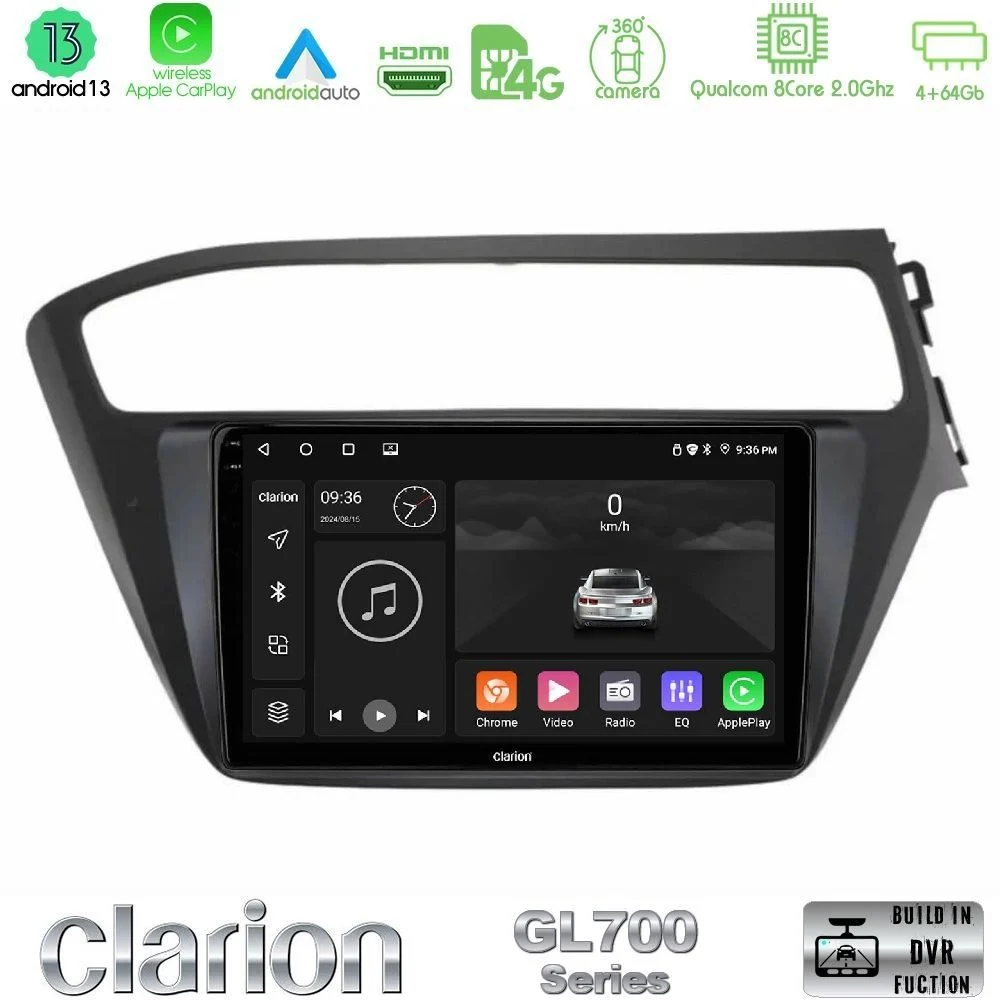 Clarion GL700 Series 8Core Android13 4+64GB Hyundai i20 2018-2020 RHD Navigation Multimedia Tablet 9" Με Carplay & Android Auto