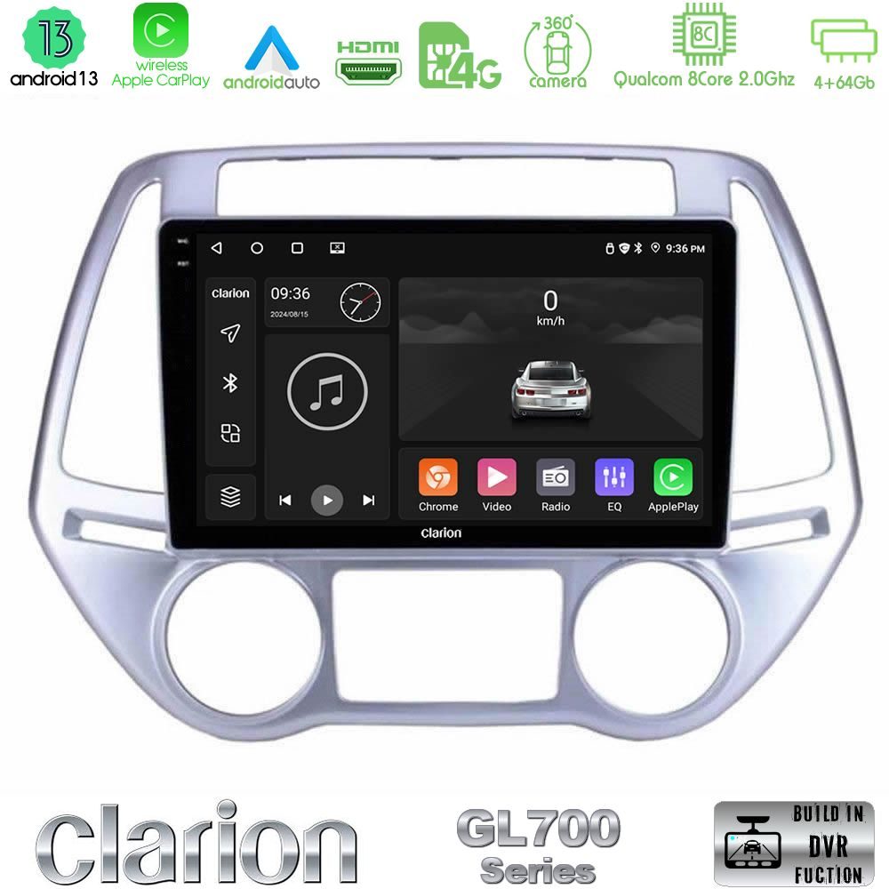 Clarion GL700 Series 8Core Android13 4+64GB Hyundai i20 2012-2014 Navigation Multimedia Tablet 9" Με Carplay & Android Auto