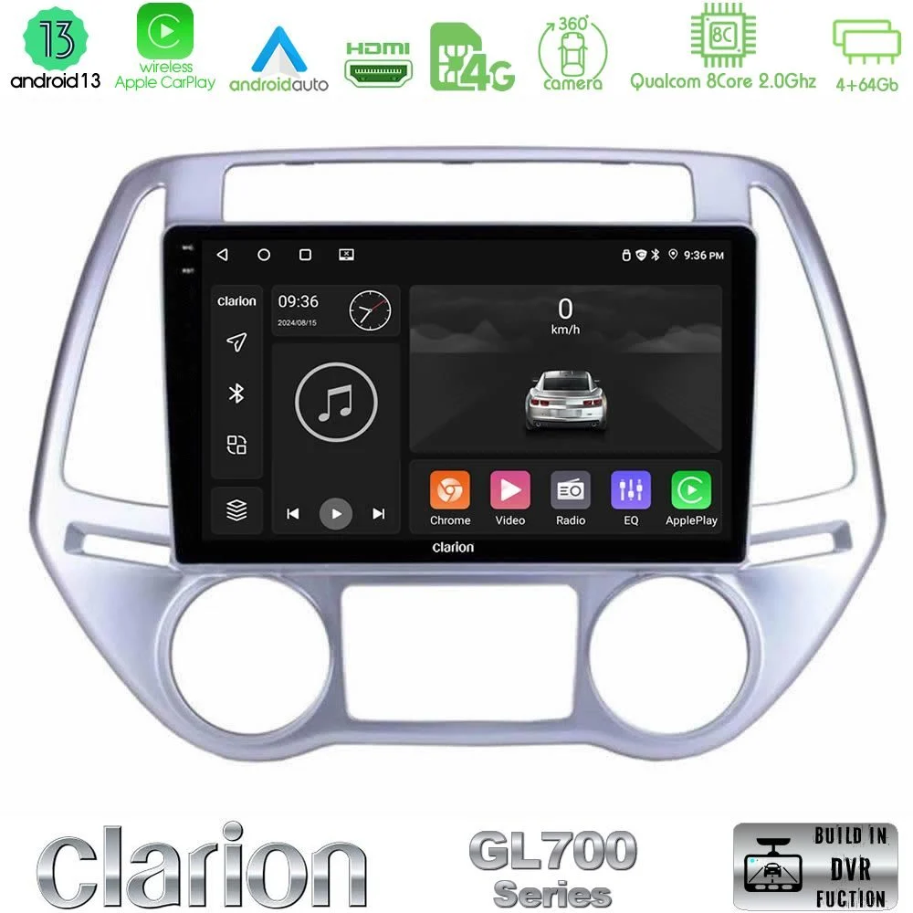 Clarion GL700 Series 8Core Android13 4+64GB Hyundai i20 2012-2014 Navigation Multimedia Tablet 9" Με Carplay & Android Auto