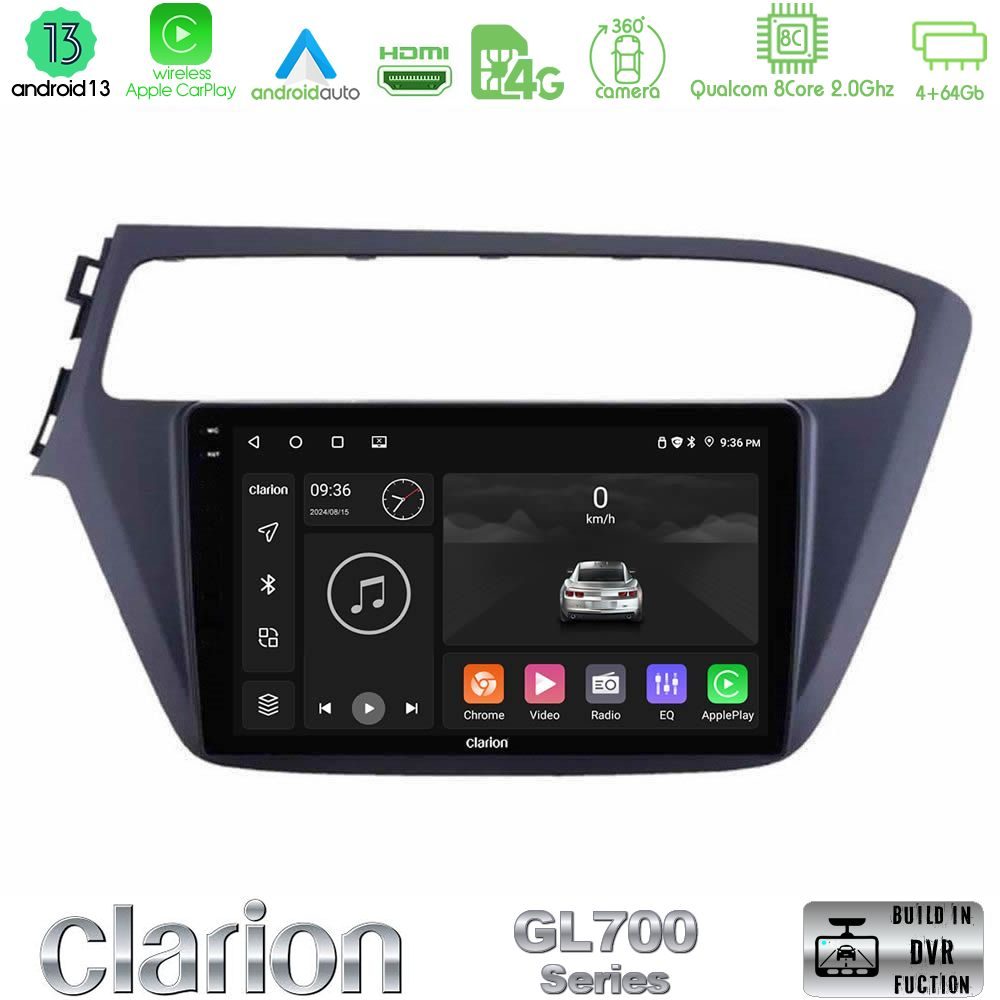 Clarion GL700 Series 8Core Android13 4+64GB Hyundai i20 2018-2020 Navigation Multimedia Tablet 9" Με Carplay & Android Auto