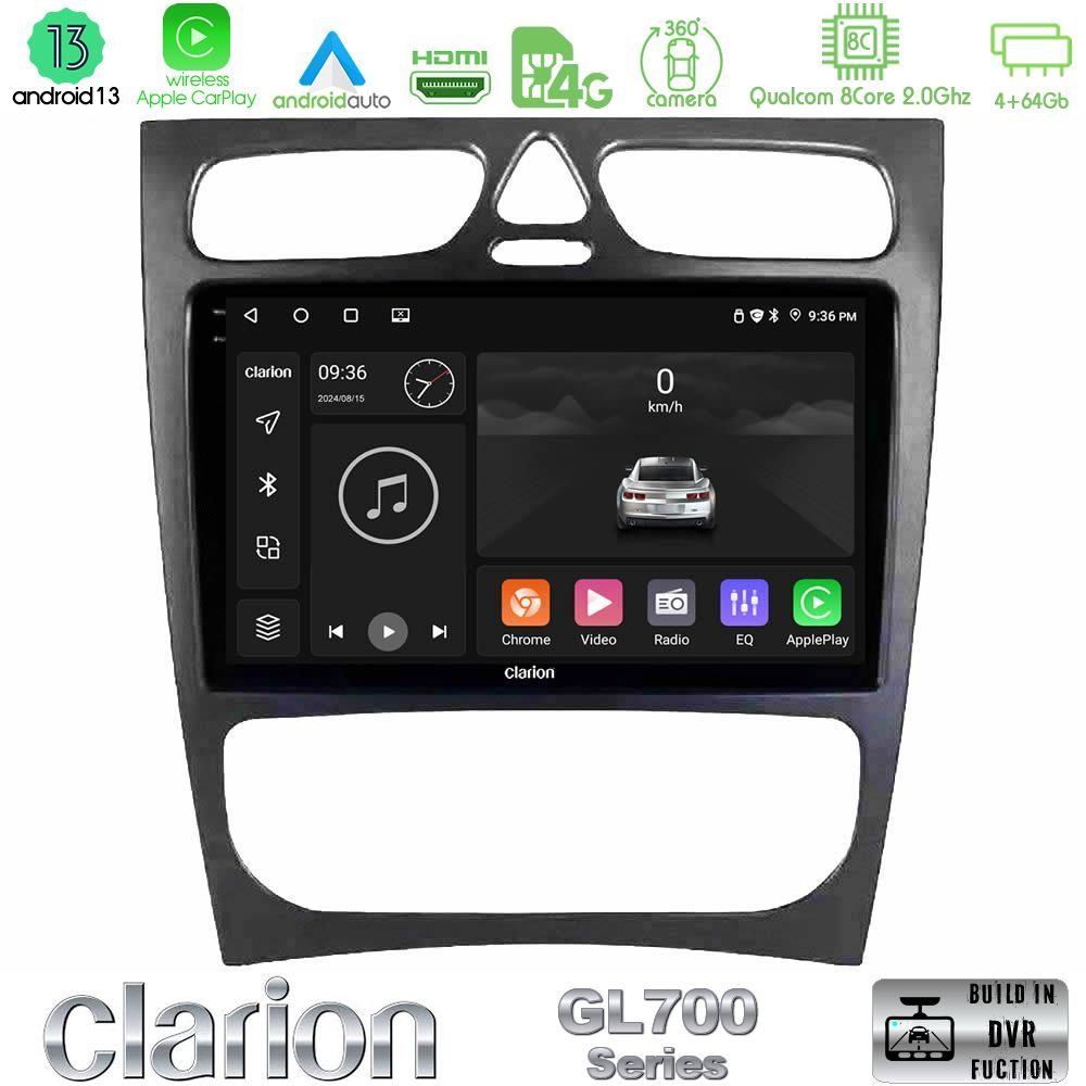 Clarion GL700 Series 8Core Android13 4+64GB Mercedes C Class (W203) Navigation Multimedia Tablet 9" Με Carplay & Android Auto