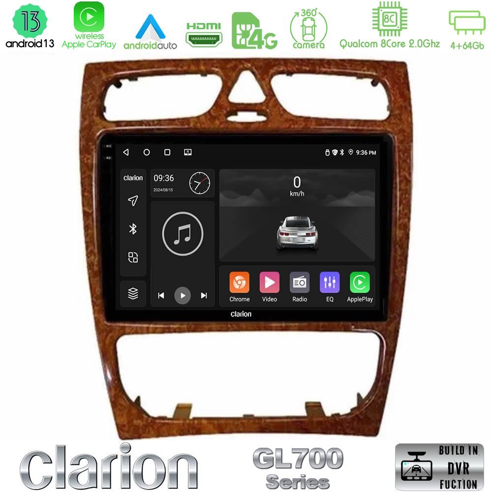 Clarion GL700 Series 8Core Android13 4+64GB Mercedes C Class (W203) Navigation Multimedia Tablet 9" (Wooden Style) Με Carplay & Android Auto