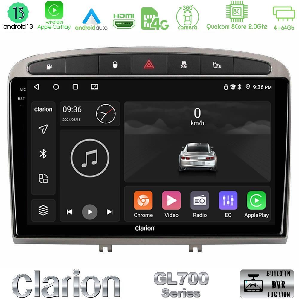 Clarion GL700 Series 8Core Android13 4+64GB Peugeot 308/RCZ Navigation Multimedia Tablet 9" (Ασημί Χρώμα) Με Carplay & Android Auto