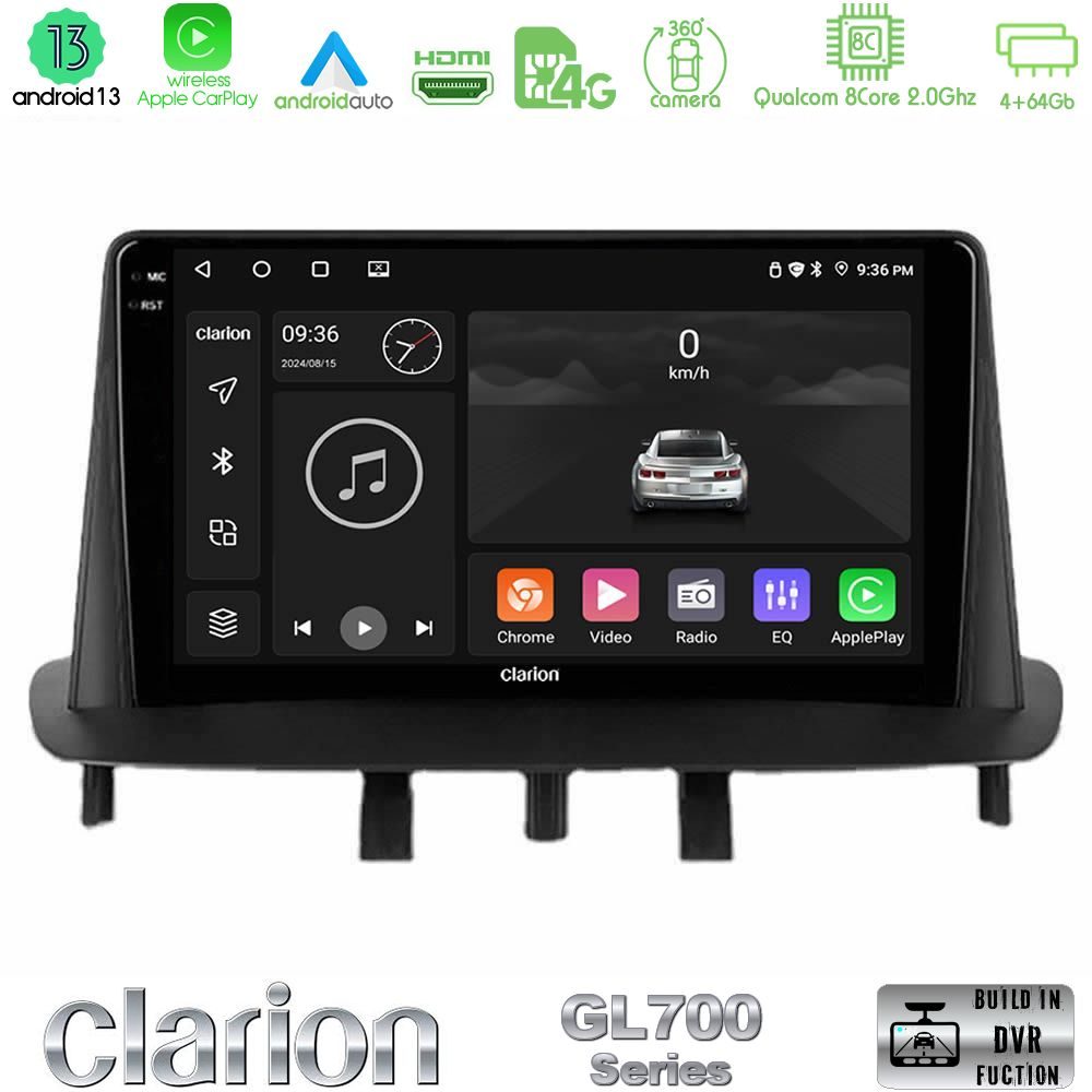 Clarion GL700 Series 8Core Android13 4+64GB Renault Megane 3 2009-2015 Navigation Multimedia Tablet 9" Με Carplay & Android Auto