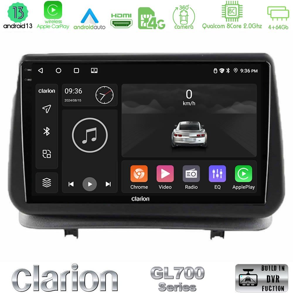 Clarion GL700 Series 8Core Android13 4+64GB Renault Clio 2005-2012 Navigation Multimedia Tablet 9" Με Carplay & Android Auto