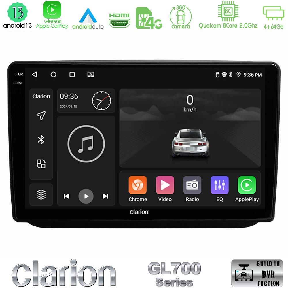 Clarion GL700 Series 8Core Android13 4+64GB Skoda Fabia 2007-2014 Navigation Multimedia Tablet 10" Με Carplay & Android Auto