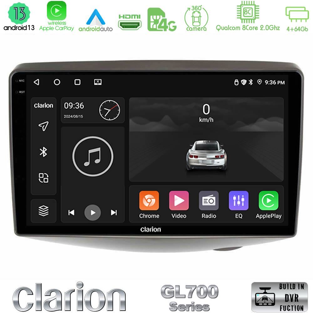 Clarion GL700 Series 8Core Android13 4+64GB Toyota Yaris 1999 - 2006 Navigation Multimedia Tablet 9" Με Carplay & Android Auto