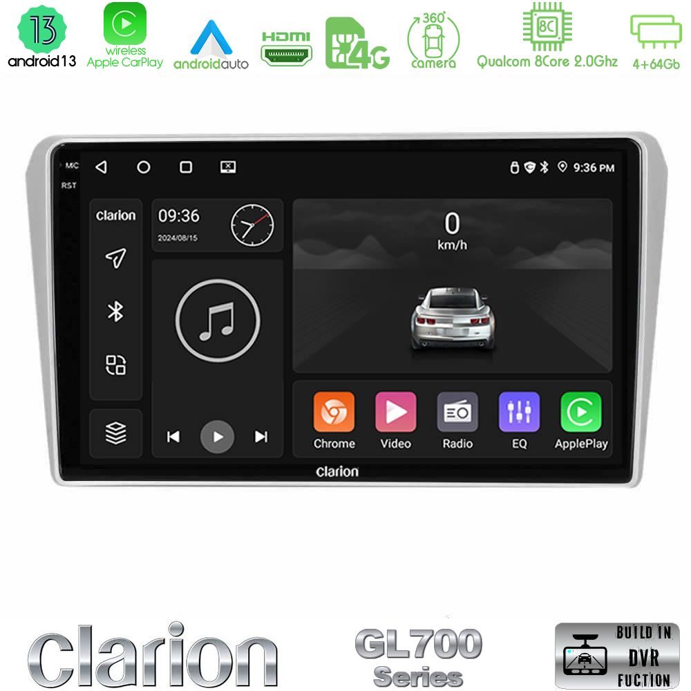 Clarion GL700 Series 8Core Android13 4+64GB Toyota Avensis T25 02/2003–2008 Navigation Multimedia Tablet 9" Με Carplay & Android Auto