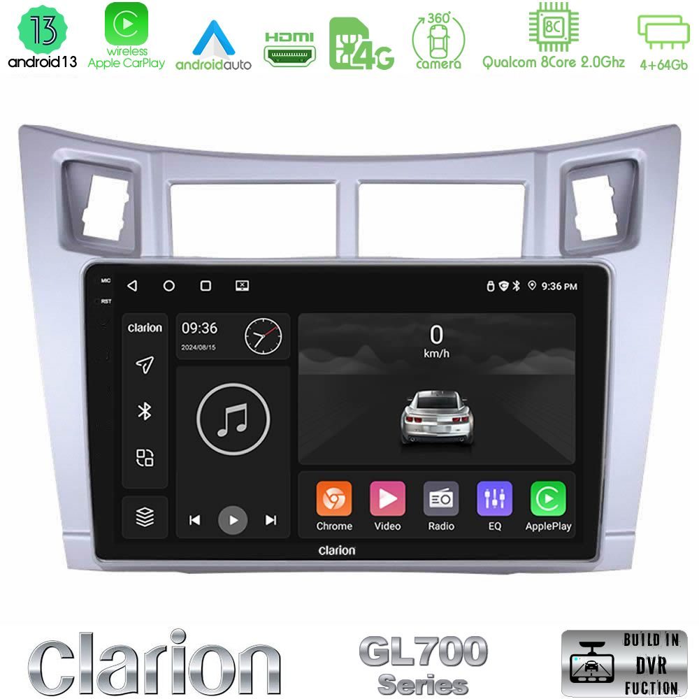 Clarion GL700 Series 8Core Android13 4+64GB Toyota Yaris Navigation Multimedia Tablet 9" (Ασημί Χρώμα) Με Carplay & Android Auto