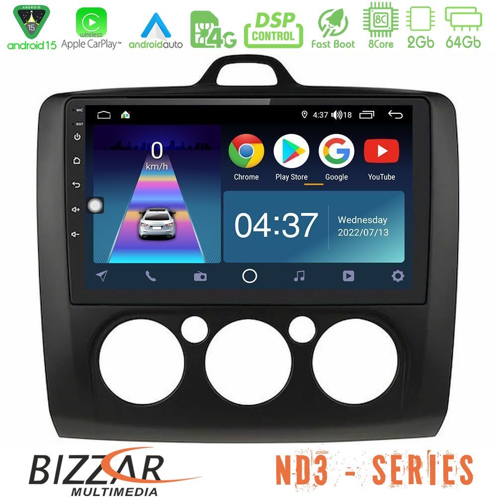 Bizzar ND3 Series 8Core Android15 2+64GB Ford Focus Manual AC Navigation Multimedia Tablet 9" (Μαύρο Χρώμα)