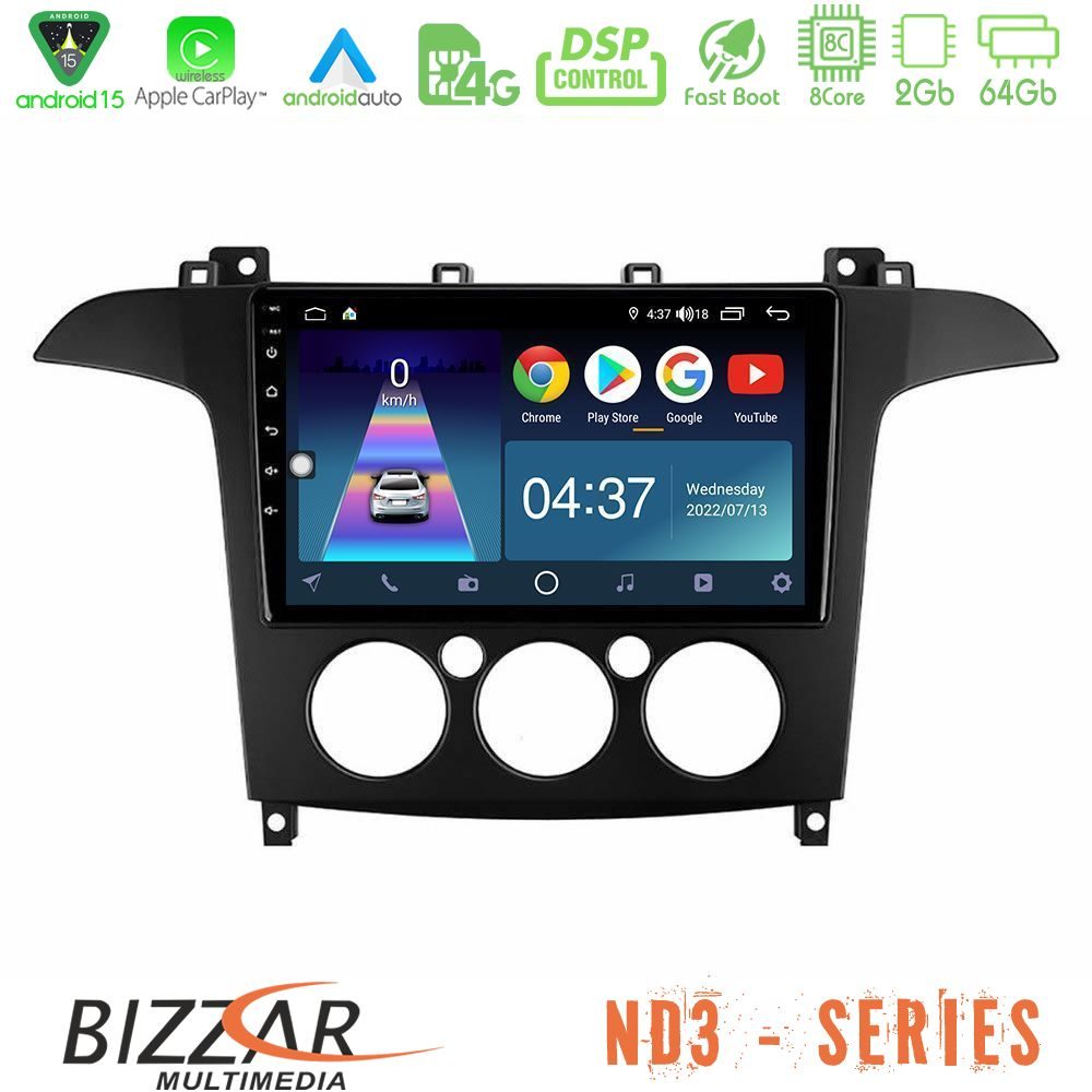 Bizzar ND3 Series 8Core Android15 2+64GB Ford S-Max 2006-2008 (manual A/C) Navigation Multimedia Tablet 9"