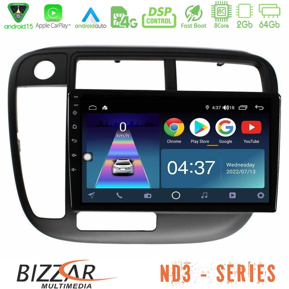 Bizzar ND3 Series 8Core Android15 2+64GB Honda Civic 1995-2001 Navigation Multimedia Tablet 9"