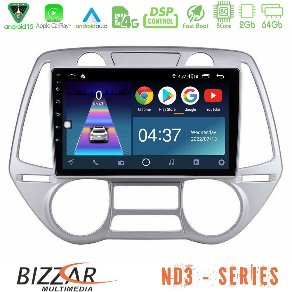 Bizzar ND3 Series 8Core Android15 2+64GB Hyundai i20 2009-2012 Auto A/C Navigation Multimedia Tablet 9"