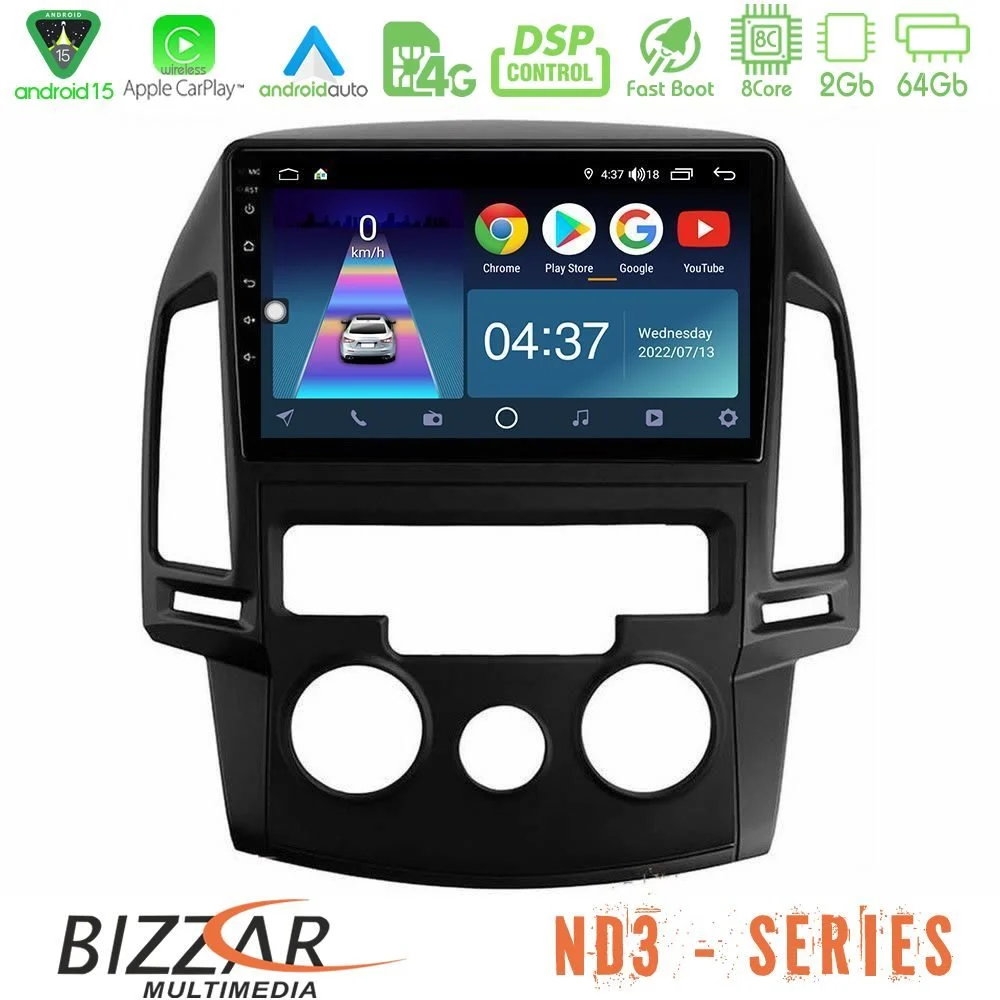 Bizzar ND3 Series 8Core Android15 2+64GB Hyundai i30 2007-2012 Manual A/C Navigation Multimedia Tablet 9"
